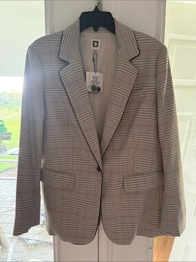 Anne Klein Beige and Black Glen Plaid Single-Button Blazer
